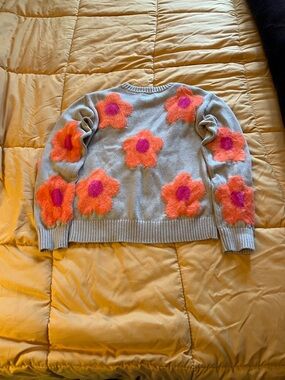 Epic Threads Gray Crewneck Sweater with Orange & Pink Fuzzy Flowers